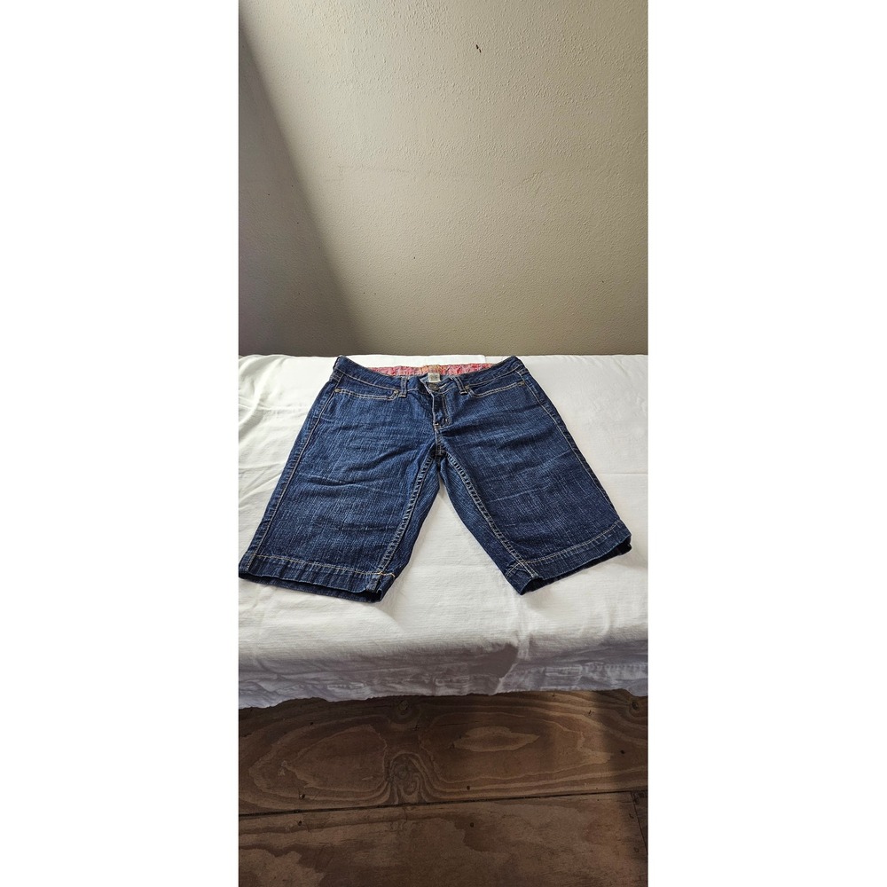 Arizona Jean Co Womens Dark Wash Denim Bermuda Shorts Size 11 Plaid Trim Pocket